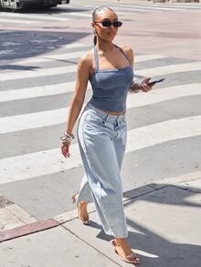 Denimoi Square Neck Cross Back Rib Knit Tank Top Fashionable Everyday Wear Basic Tank Top - Blue - View 6
