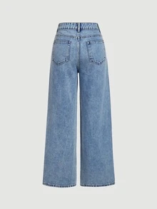 SHEIN MOD Women's Loose Casual Wide Leg Jeans With Pockets And Rhinestone Embellishment - Medium Wash - View 2
