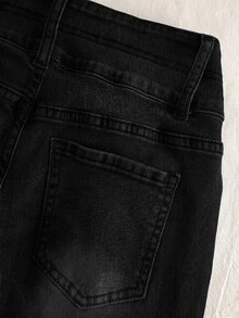 Elamini Low Waist Fashion Gothic Style Button-Front Washed Slim Fit Denim Flare Jeans - Black - View 4