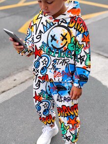SHEIN 2件組兒童青少年男孩秋季新款休閒極簡寬鬆舒適 King字母紮染漸層街頭運動風長袖連帽衛衣套裝，適合秋冬 - 白色 - 查看 1