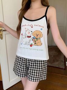 DAZY Happy Puppy Pattern Sleeveless Camisole Tank Top & Plaid Short Pajama Pants 2-Piece Set Summer Women's Sleepwear Outfit - Black - View 8