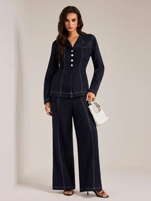 SHEIN Tall Women's Single-Breasted Long Sleeve Blazer And Pants Suit Set - Navy Blue - View 1