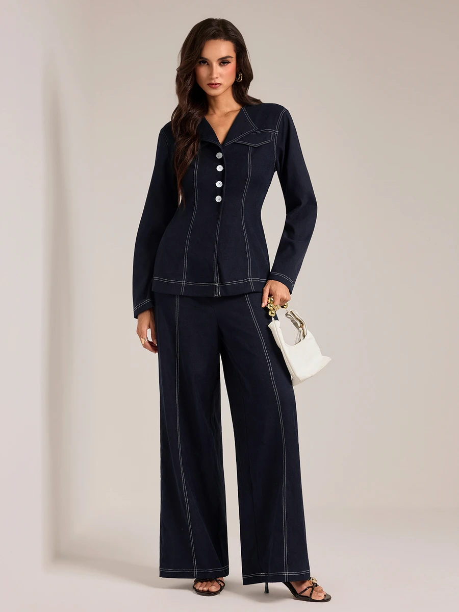 SHEIN Tall Women's Single-Breasted Long Sleeve Blazer And Pants Suit Set - Navy Blue - View 1
