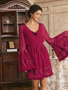 Côtesoire Women's French Elegant Mesh 3D Floral Patchwork Pearl Robe, Velvet Camisole Slip Dress Nightwear Set - Burgundy - View 6