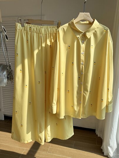 Comfortcana Plus Size Women's Striped Lemon Embroidered Pattern Long Sleeve Top And Pants Casual Daily 2 Pieces Set
