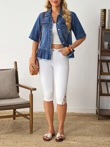 EMERY ROSE Áo khoác denim nữ tay ngắn cài nút đơn gấu bèo nhún - Màu xanh lam - Xem 5