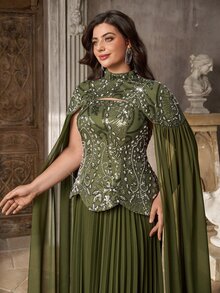 Aureia Plus Size Elegant Luxurious Olive Green Sequin Embroidered Patchwork Chiffon Two Pieces Style Pleated A-Line Evening Gown, Suitable For Dinner Party, Date, Ball, Vacation, Wedding, Event, Heavy Work Evening Dress, Guest Dress - Green - View 3