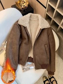 SHEIN Elladie kids Tween女孩黑色拉鍊翻領羅紋袖口街頭風酷感百搭機車PU皮革寬鬆夾克 秋冬穿搭 - 棕色 - 查看 5