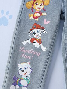 SHEIN | PAW Patrol Young Girl Letter Cartoon Pattern Pocket Casual Denim Jeans - Blue - View 7