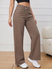 SHEIN ICON 女款時尚不對稱腰部鈕扣牛仔褲 - 摩卡棕 - 查看 3