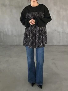 FRIFUL Women's Casual Plaid Patchwork Sweatshirt, Autumn - Black - View 6