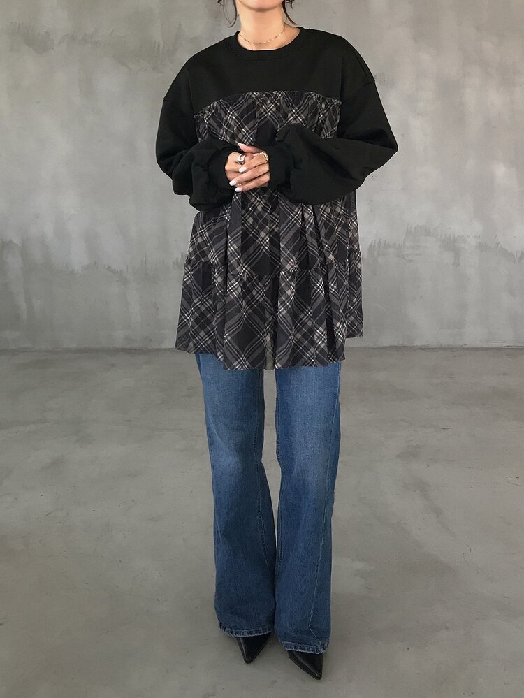 FRIFUL 女款休閒格子拼接運動衫，秋季 - 黑色 - 查看 6