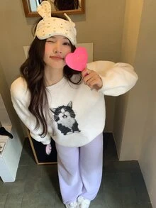 DAZY Cute Cat Pattern Autumn/Winter Knitted 2-Piece Women's Pajama Set - Apricot - View 7