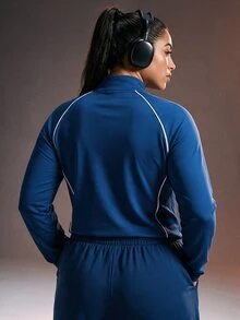 Powerista Women's Plus Size Navy Blue Color Performance Sports Jacket Flexible Zip Stand Collar With White Stripes For Running And Training - Navy Blue - View 2