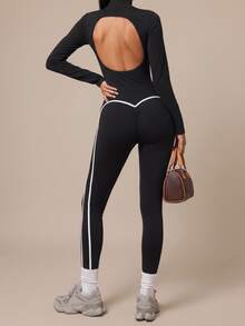 SHEIN BAE Jumpsuit Olahraga Kasual Wanita Motif Blok Warna untuk Perjalanan Sehari-hari - Hitam - View 6