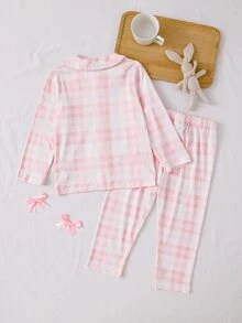 Baby Girl Pink Plaid Lapel Long Sleeve Loungewear Set, Cute Cartoon Expression Rabbit Print Long Sleeve Top And Pants 2-Piece Set - Pink - View 2