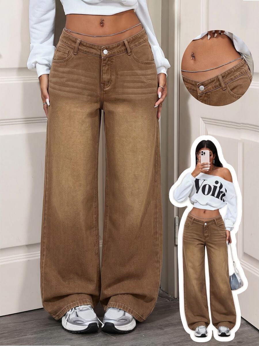 SHEIN Tall 女款低腰休閒 ICON 風格高腰修身直筒牛仔褲 - 棕色 - 查看 1