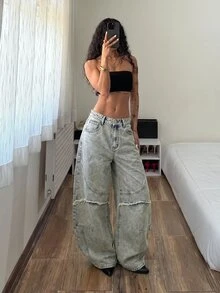 StreetHx 休閒 Y2K 街頭風 Grunge 歐美街頭風復古解構低腰牛仔彎腿褲 外出夜生活淺藍色夏季 - 淺色水洗藍 - 查看 1