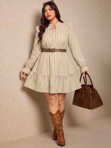 Elaquor Plus Size Women's Striped Pleated Casual Party Dress Fall - Multicolor - View 3