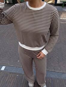Solavibe Striped Two Piece Set, Plus Size Brown Crop Top & Flare Pants For Travel Hangout,Campus,Urban Stroll,Two Piece Set,Casual Sets,Back To School - Brown - View 4