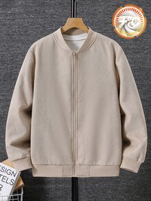 SHEIN 青少年男孩燈芯絨羊羔絨內裡拉鍊棒球夾克 卡其色 - 卡其色 - 查看 7