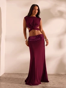 Opulessa 春/夏度假純色針織露背上衣裙組 2件套 女款 派對夜店外出穿搭 酒紅色 性感 - 酒紅色 - 查看 4