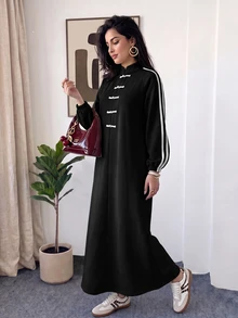 Veilorie 女款秋季休閒青蛙鈕扣長洋裝 - 黑色 - 查看 5