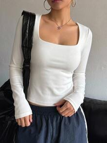 DAZY 女款方領短袖修身 T-shirt - 白色 - 查看 6