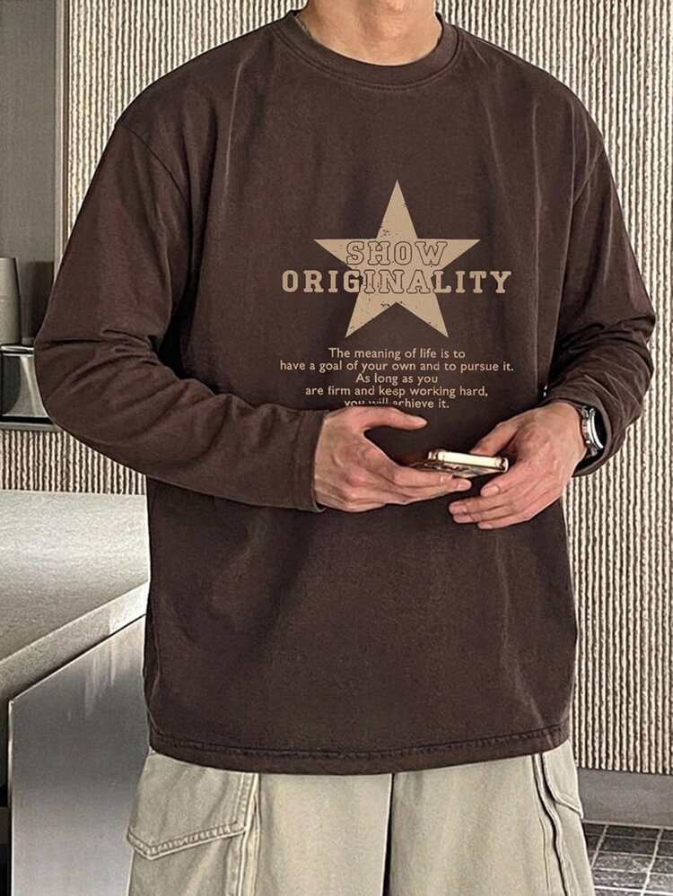 DAZY Summer Letter & Five-Point Star Print Brown Long Sleeve T-Shirt For Men Fall - Rust Brown - View 5