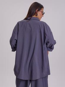 MUSERA Plus Size Blue Stripe Button Down Shirt Top Winter Fall Womens Outfit Casual - Grey - View 4