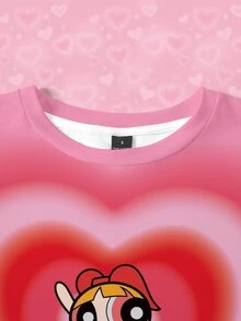 THE POWERPUFF GIRLS X SHEIN Blossom 可愛卡通印花粉色漸層愛心滿版印花女款T恤 - 白色 - 查看 5