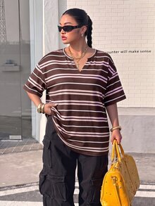 Muchica 大尺碼女款復古休閒可愛優雅棕色條紋寬鬆短袖缺口V領T恤 春夏外出度假海灘穿搭 - 棕色 - 查看 3