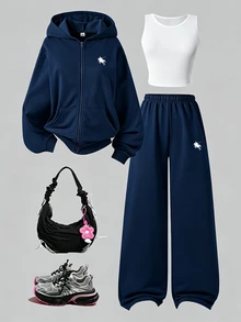 SHEIN 3件組女孩青少年連帽長袖拉鍊運動衫，馬匹圖案，秋季穿搭上衣，假日穿搭 - 藏蓝色 - 查看 1