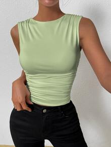 Allurite Women's Solid Color Round Neck Ruched Fitted Casual Versatile Tank Top - Green - View 7