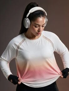 Powerista Women's Plus Size Pink Gradient Print Long Sleeve Sports T-Shirt Fall - Red and White - View 4