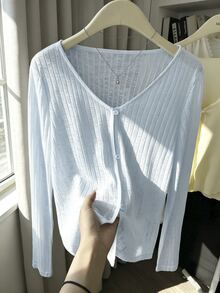 Franclia Women's Thin Sun Protection Cover Up Jacket, V-Neck Knit Shawl Cover-Up, Summer Outerwear - Baby Blue - View 1