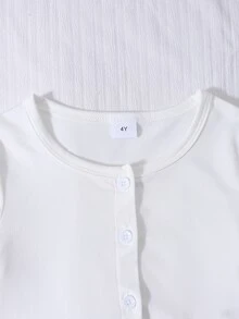 SHEIN Elladie kids 2件組女童幼兒套裝，溫柔女孩風白色長袖外套搭配粉色蝴蝶結細肩帶花苞洋裝，輕便休閒日常度假款，適合春夏 - 棕色 - 查看 4