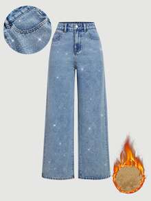 SHEIN MOD Women's Loose Casual Wide Leg Jeans With Pockets And Rhinestone Embellishment - Medium Wash - View 1