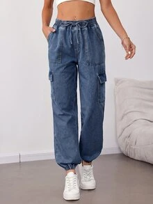 SHEIN Tall 女款腰部綁帶工裝口袋休閒錐腿牛仔褲秋季服飾 - 藍色 - 查看 8