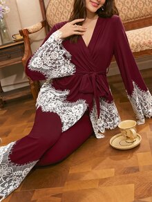 Côtesoire Set Piyama Wanita Renda Warna Kontras Elegan, Gaya Prancis Selatan - Burgundy - View 1