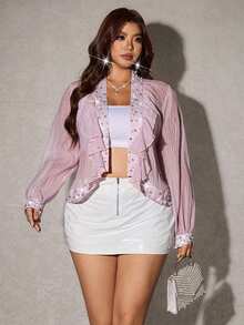 Viva Relle Plus Size Women's Beaded Rhinestone Decor Sheer Elegant Lace Casual Sexy Thin Jacket Fall Wedding Formal Party Pink - Mauve Purple - View 5