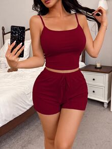 SweetSlumber 休閒極簡風女款細肩帶居家服套裝 - 紅色 - 查看 7