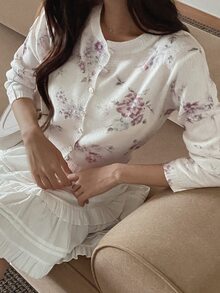 DAZY Women's Soft Single-Breasted Floral Print Knitted Cardigan Fall - White - View 7