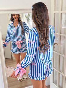 SweetSlumber Sweet Cute INS Striped Bow Contrast Color Open Front Long Sleeve Shorts Women's Pajama Set - Multicolor - View 2