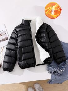 Elladie kids 1件少女色立領白色抓絨內裡拉鍊長袖外套，真實口袋，秋冬素色外套 - 黑色 - 查看 2