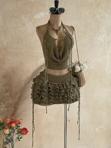 Soleia Women's Plus Size Olive Green Knit Vacation Set - Army Green - View 3