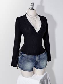 SHEIN ICON Women's Plus Size Wide Ribbed Lace Patchwork T-Shirt - Black - View 4