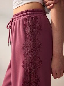 Willow Rêve Women's Purple Loose Straight Leg Patchwork Wide Leg Pants, Side Lace Trim With Drawstring Elastic Waist, Solid Color Casual Romantic Bohemian Style, Suitable For Autumn Vacation And Travel Outfits - Rose Red - View 8