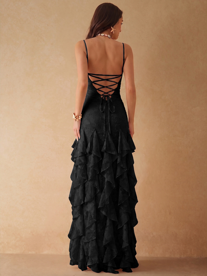 Silquee Lotus Leaf Patchwork High Slit Sexy Backless Tie-Up Women's Dress