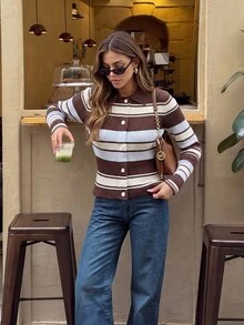 Serisse Cardigan Rajut Bergaris Elegan Premium Vintage Wanita - Coklat - View 6